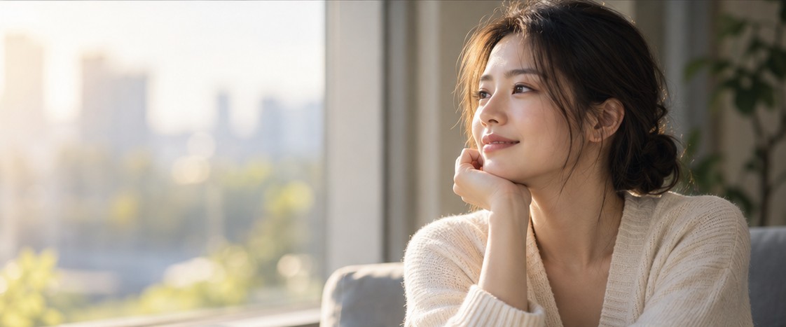 站在明亮窗邊，神情平靜且充滿希望的人士