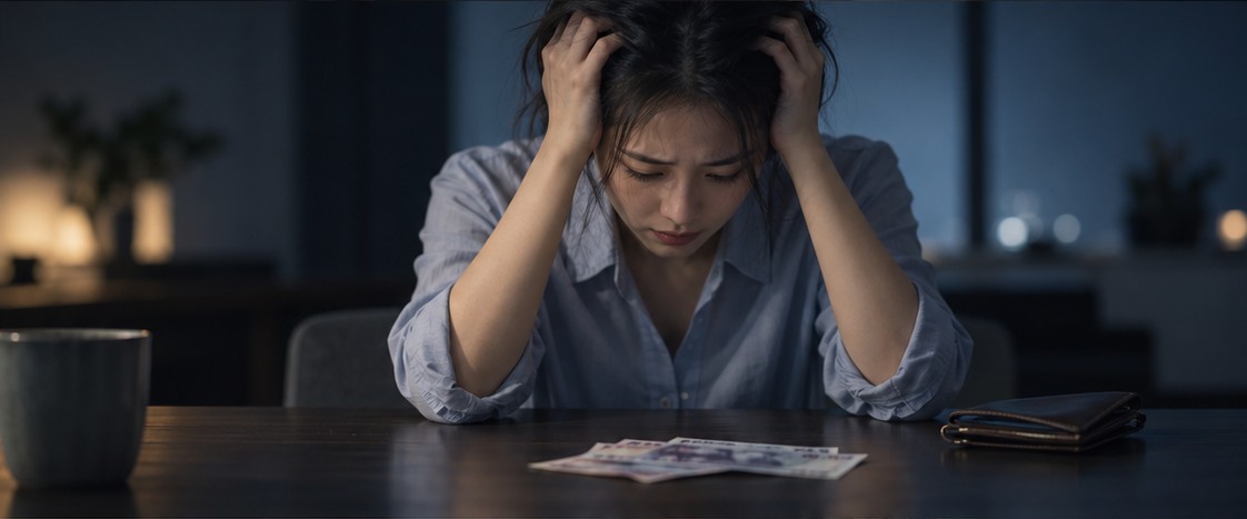 深夜在帳單前感到壓力的上班族